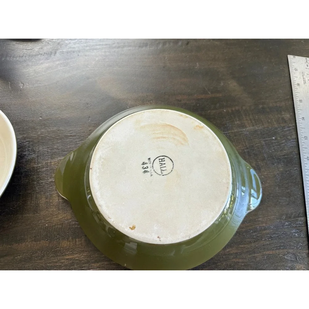 Hall China Olive Green Au Gratin Dishes Set of 2‎ Vintage Ceramic Bakers 433 434